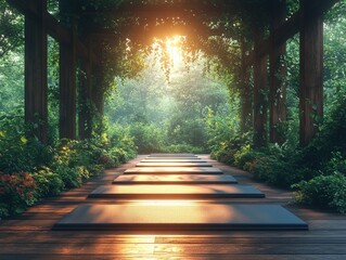 Serene outdoor yoga space; sunlit path leads through lush foliage, under wooden pergola