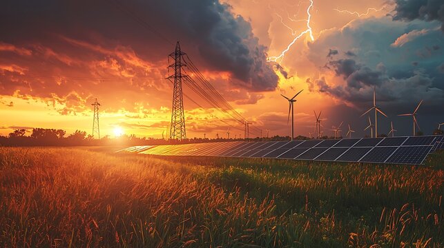 Dramatic sunset over solar panels, wind turbines, and power lines.