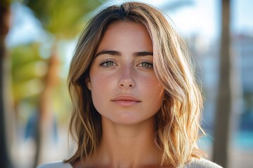 Fototapeta premium Portrait of Confident Young Woman in Urban Outdoor Setting with Serious Expression and Thoughtful Pose