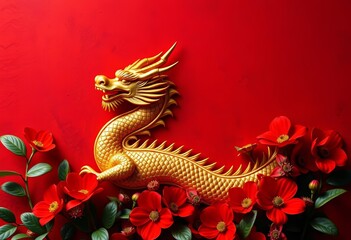 Fototapeta premium Ornate golden dragon amidst vibrant red flowers on textured red background, symbolic of power and strength, holiday, symbol