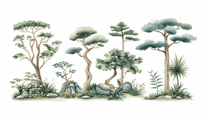 Watercolor painting of diverse trees and rocks; serene nature scene, ideal for home decor or design projects
