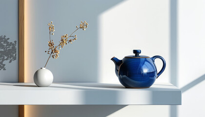 Minimalist Home Decor: White Vase with Dried Flowers and Blue Teapot on White Shelf