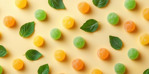 Vibrant gummy candies with cannabis leaves scattered on yellow surface flat lay colorful confectionery art