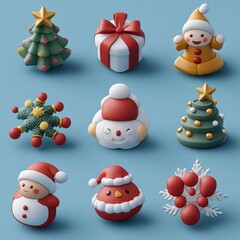 3D Christmas Icons Collection with Santa, Reindeer, Snowman, Gifts, Ornaments and Holiday Symbols