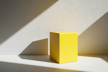 Yellow Cube on Clean White Surface with Artistic Shadows