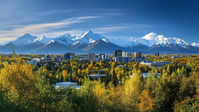 Alaskan city autumn panorama, mountains backdrop, travel