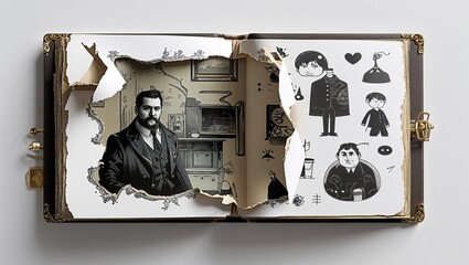A photo album with a torn picture in Black characters and objects on a white background