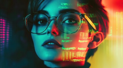 Young woman with glasses illuminated by colorful digital lights