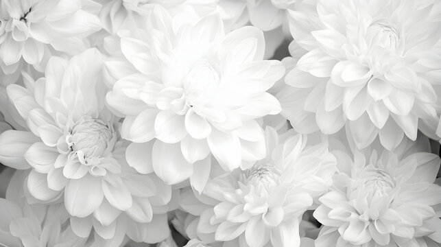 White dahlia flowers close-up, garden background, floral texture, design element