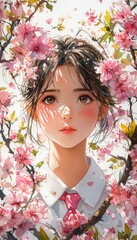 A Serene Portrait of a Girl Amidst Cherry Blossoms