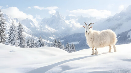 Fototapeta premium White goat standing in snowy mountain landscape, winter sun, postcard, travel