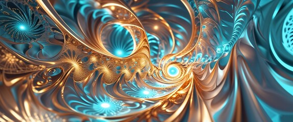 Luminescent fractal loops with radiant golden and cyan highlights