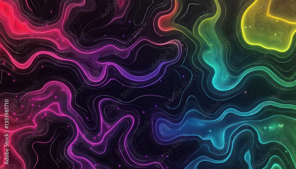 Poster abstract neon topographic design with glowing lines in vibrant colors on a dark background, resembli