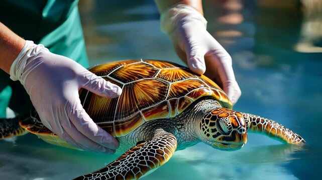 Marine turtle rehabilitation process at an aquatic center during the afternoon