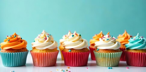 Row of vibrant orange and blue birthday cupcakes with sprinkles, party, sweet, treat
