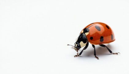 Fototapeta premium Close-up of single ladybug on pure white background, red, minimalist