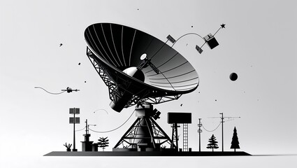A satellite dish in Black characters and objects on a white background