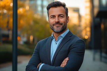 Confident businessman in suit standing outdoors with arms crossed smiling in modern urban setting representing professionalism and success