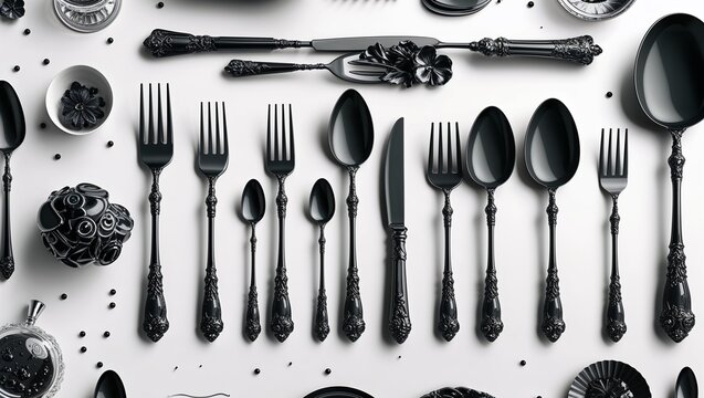 A set of silverware in Black characters and objects on a white background