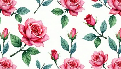Delicate watercolor roses, lush leaves, seamless repeat , elegant, vector, element