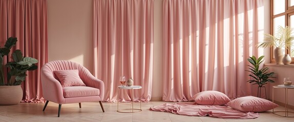 Soft blush pink velvet with gentle pleats and warm toned lighting
