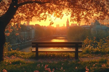 Serene sunset view over city river, empty park bench under blossoming tree