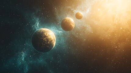 Obraz premium Three planets orbiting a bright star in a nebula.