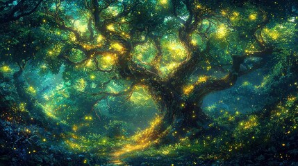 Fototapeta premium A magical pixelated forest, where glowing fireflies light up the path, and ancient trees with twisted branches seem to whisper secrets. The atmosphere is thick with enchantment and mystery, 