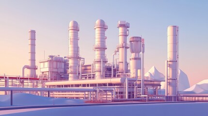 Obraz premium Sunrise over industrial refinery complex, mountain backdrop, energy production