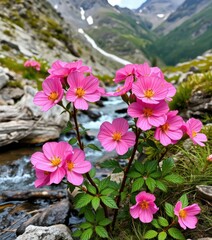 Pink alpine roses bloom near a mountain stream , fresh, ecology