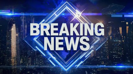 Dynamic video concept with a futuristic cityscape background, angled from above, featuring bold 'Breaking News' text in a digital style.