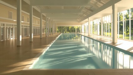 Obraz premium Sunlit Indoor Pool with Lush Greenery Views