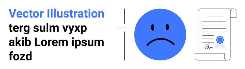 Blue sad face next to a signed certified document highlights failure, disapproval, or rejection. Ideal for concepts thumbs up disappointment, feedback, learning experience, evaluation, workplace
