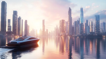 Breathtaking city skyline sunset mirrored on waterfront tranquility image