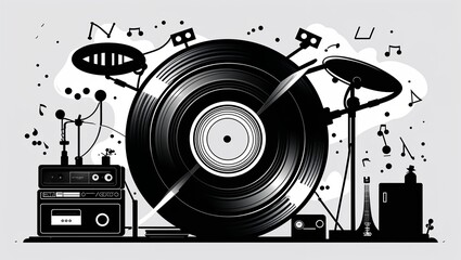 Obraz premium A vinyl record spinning in Black characters and objects on a white background