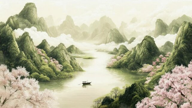 A serene landscape video in traditional Chinese style, featuring a wide-angle view of misty mountains, a river, and cherry blossoms. Live desktop wallpaper.