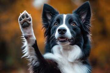 Fototapeta premium Realistic Border Collie Dog Portrait Raising Paw in Autumn Forest