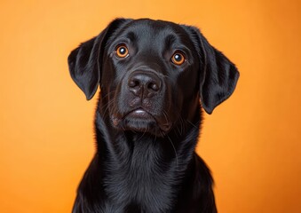 black Labrador Retriever portrait with vibrant orange background in studio setting