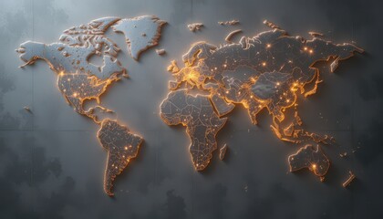 Global map overview with illuminated cities digital art modern environment aerial view