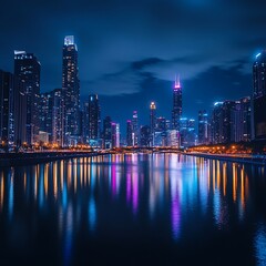 Fototapeta premium Dazzling city skyline sunset reflections glowing over tranquil waterfront image