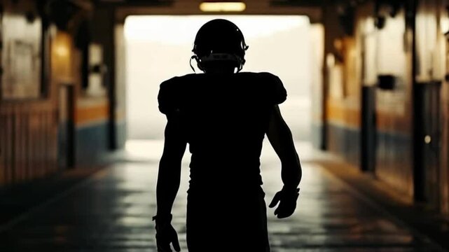 Silhouette of a man leader, echoes of solitude: an American football player's tunnel moment