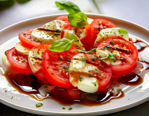 A fresh Caprese salad made with ripe tomatoes and creamy mozzarella, drizzled with rich balsamic glaze, served elegantly on a white plate.