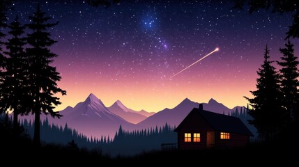 A starry night scene displaying a cabin and shooting star