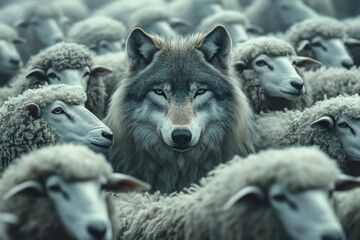 Wolf Disguised Among Sheep in Surreal Art