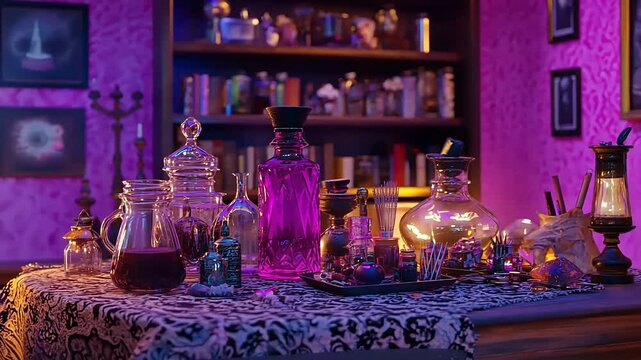 Colorful potion bottles and mystical artifacts on a table in a dimly lit room with bookshelves