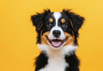 Fototapeta premium Happy Australian Shepherd Puppy Smiling on Yellow Background Headshot