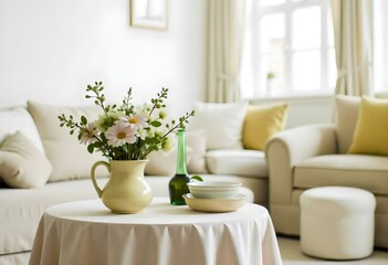 A bright living room with a beige sofa, a antique table with a vase of flowers , and a staircase