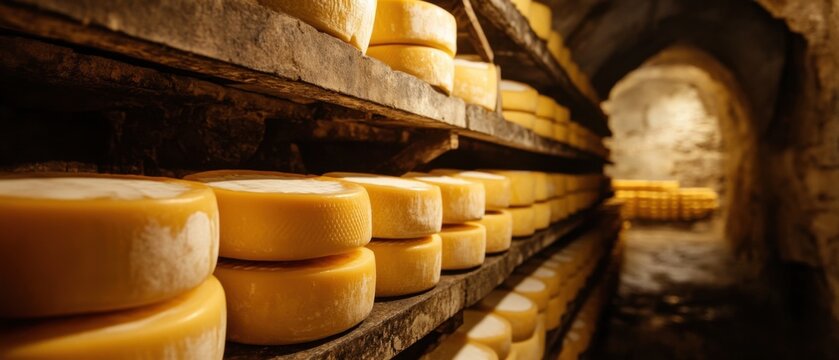 Cheese aging on wooden shelves in a dark cellar, traditional cheese production and maturation process in a cave
