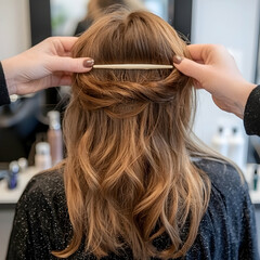 Fototapeta premium Woman getting hair styled at salon, back view, wavy hair, hair accessory