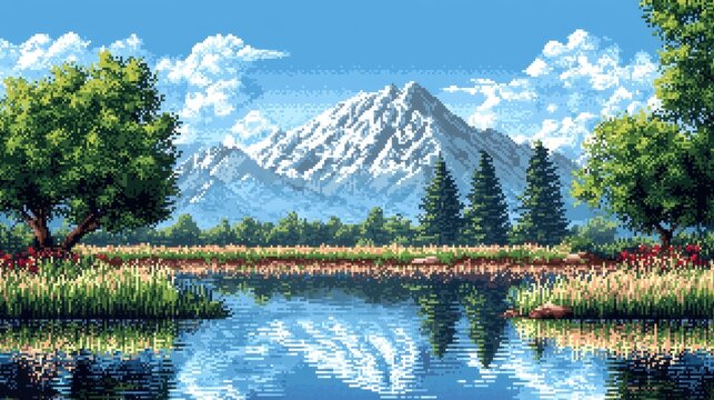 A pixelated landscape, reminiscent of a classic 16-bit video game, unfolds before the player's eyes. Rolling hills and snow-capped peaks pierce the cerulean sky, dotted with verdant trees and 